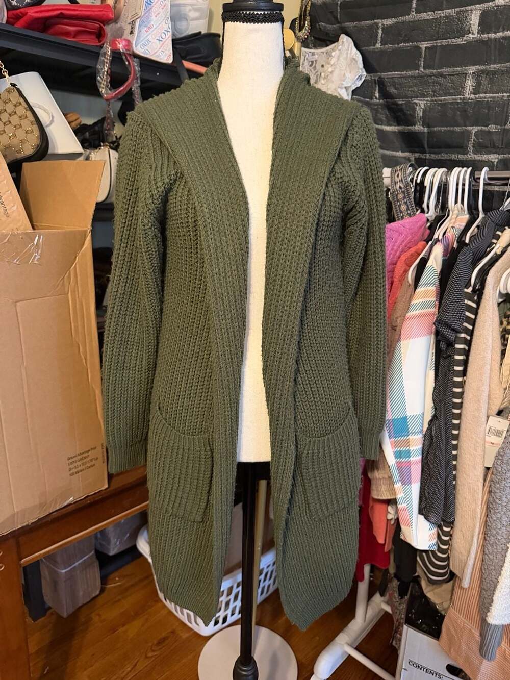 Sweet Rain Cardigan Sweater Size M Green Hooded Open Front Knit Pocket